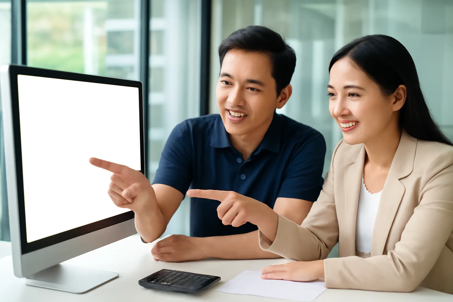Hai kế toán cùng rà bảng theo dõi khách hàng trên màn hình lớn trong phòng họp kính