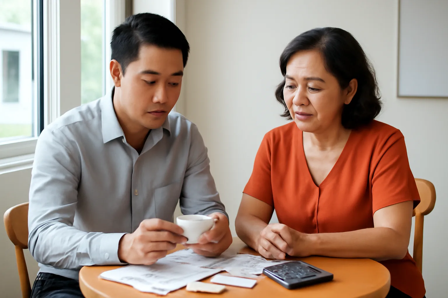 Kế toán dịch vụ và chủ doanh nghiệp ngồi bàn tròn xem xấp hồ sơ cả năm trước khi báo giá quyết toán