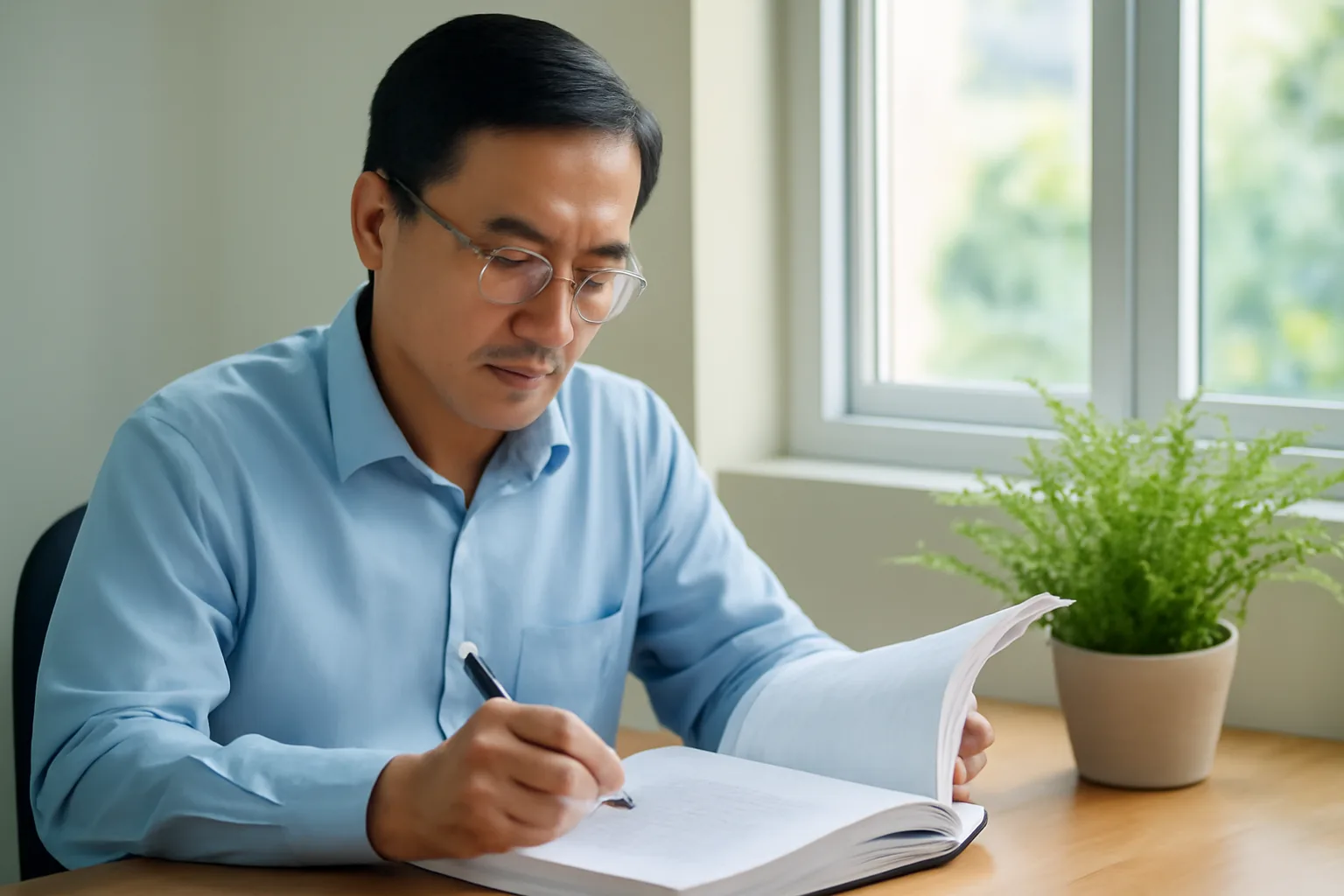 Chủ văn phòng kế toán đọc kỹ một tập hợp đồng bên cửa sổ