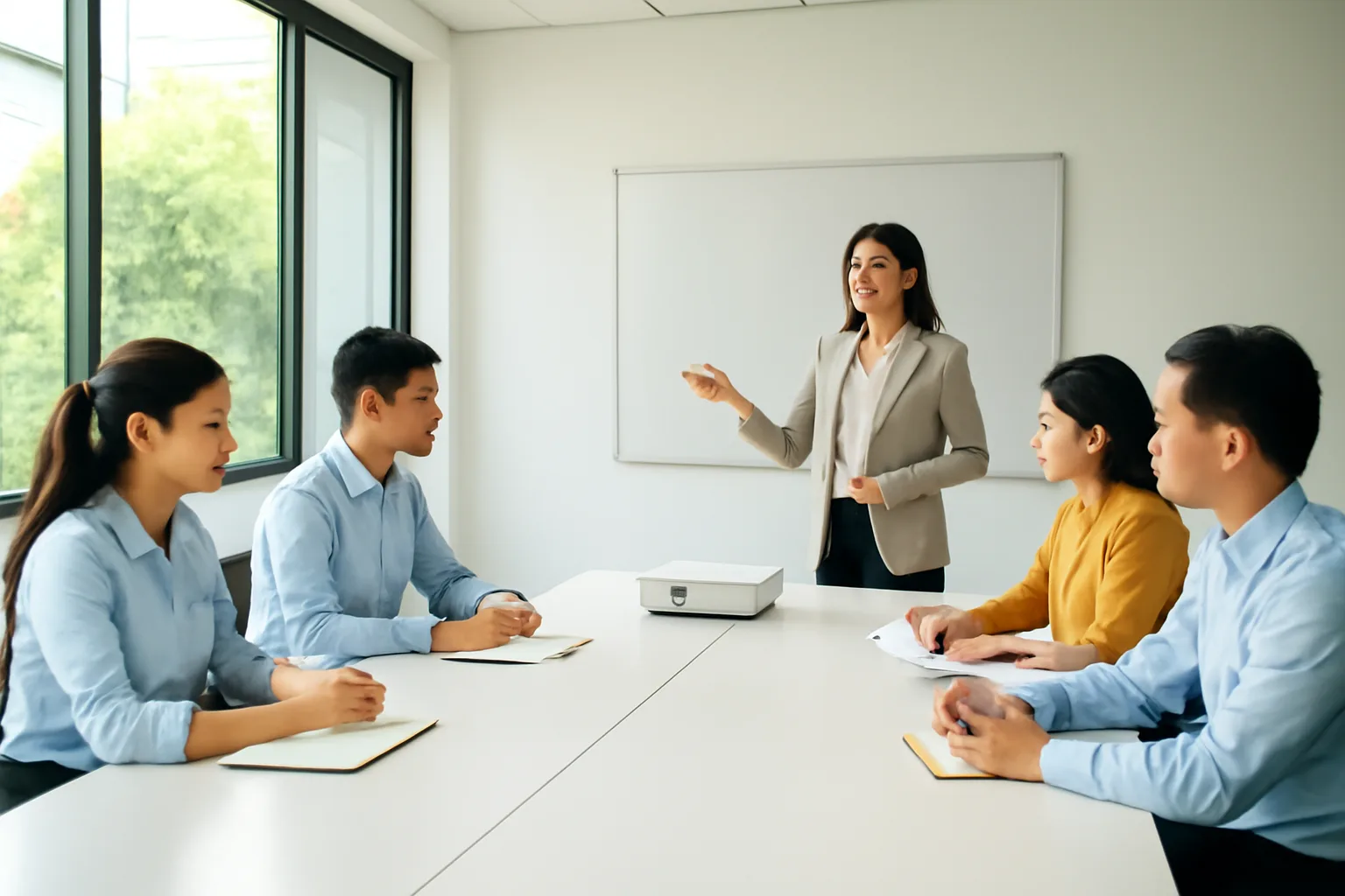 Nhân viên văn phòng kế toán ngồi quanh bàn họp trong buổi học cập nhật văn bản thuế mới