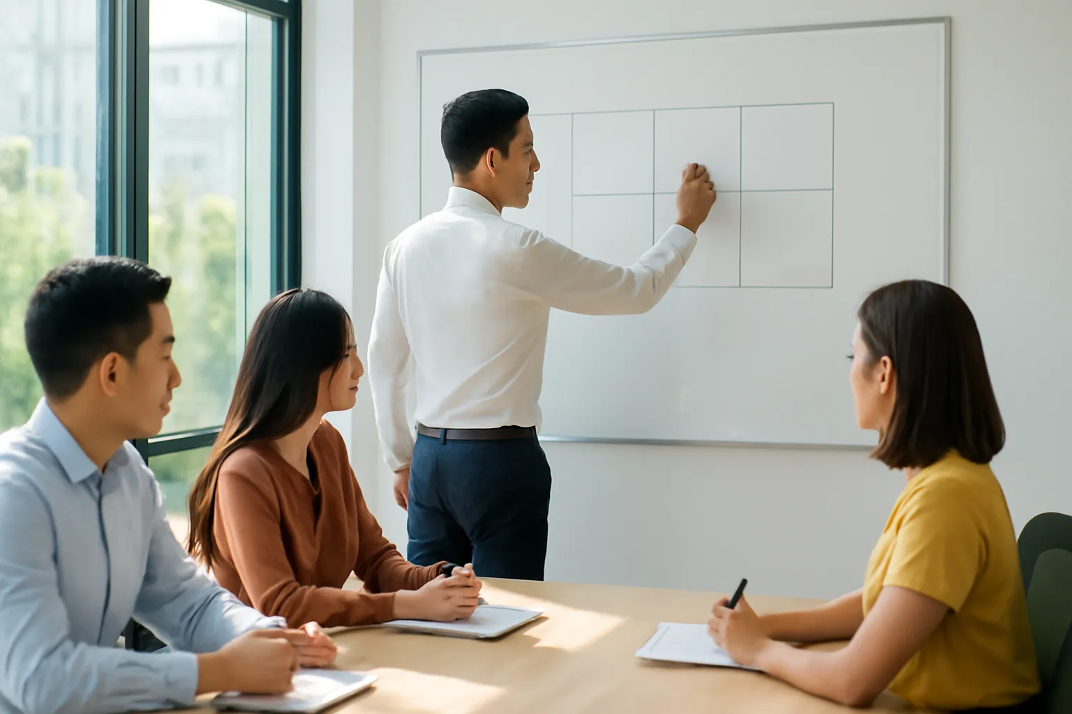 Trưởng nhóm kế toán hướng dẫn đồng nghiệp trước tấm bảng trắng chia cột trong văn phòng