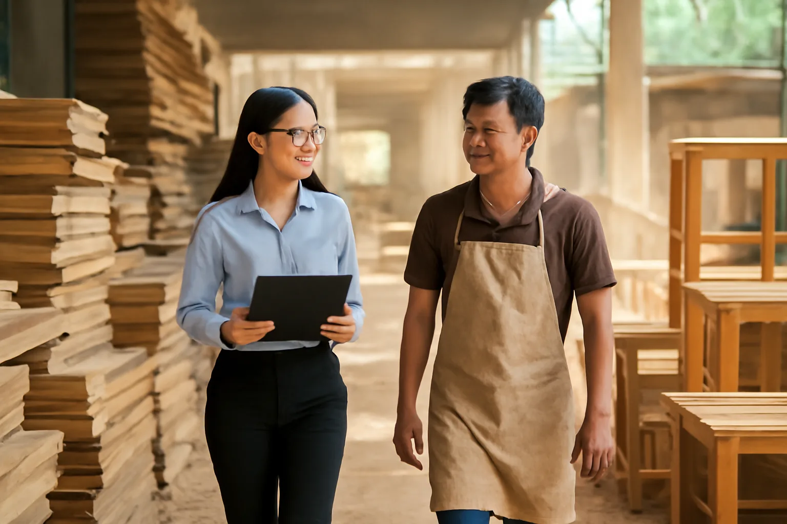 Kế toán cùng chủ xưởng mộc đi xem kho gỗ và thành phẩm trong xưởng sản xuất