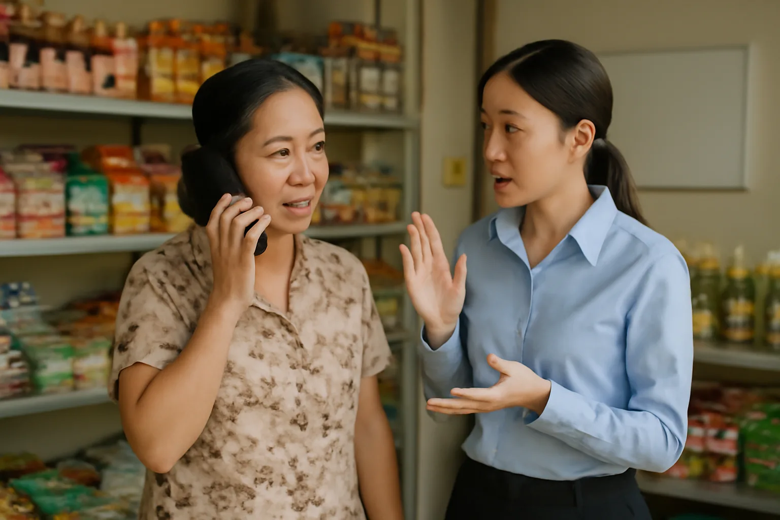 Chủ tiệm tạp hoá cầm điện thoại, nhân viên kế toán đứng bên cạnh giải thích