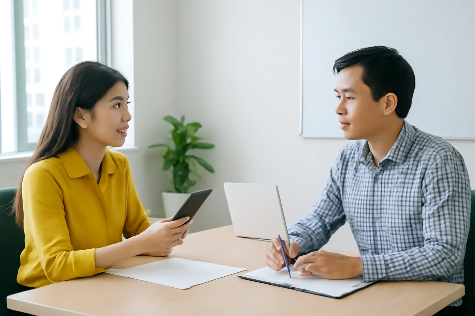 Hai nhân viên văn phòng kế toán tập đóng vai cuộc trao đổi với khách hàng