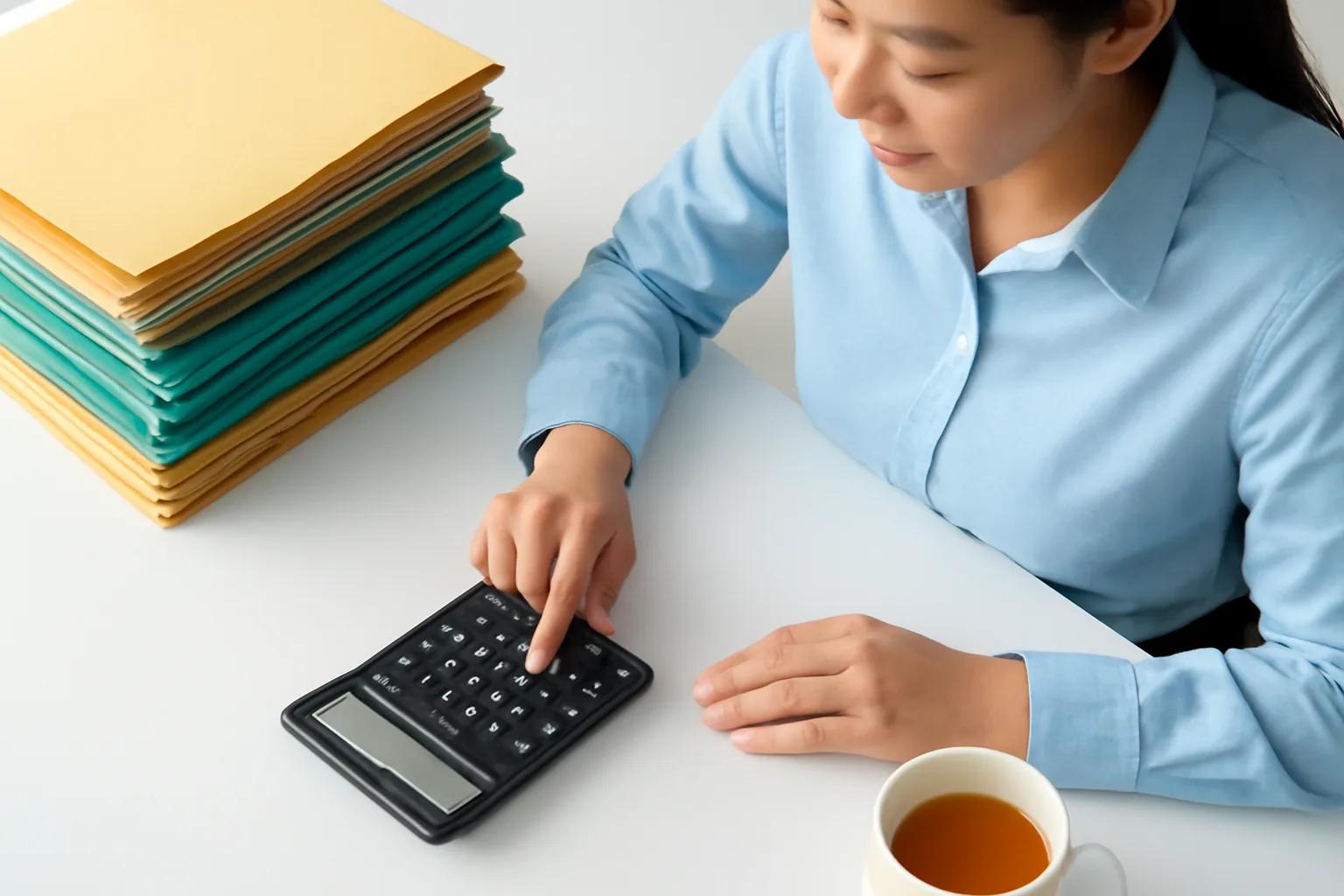 Trưởng văn phòng kế toán tính toán bằng máy tính bỏ túi bên xấp hồ sơ khách hàng