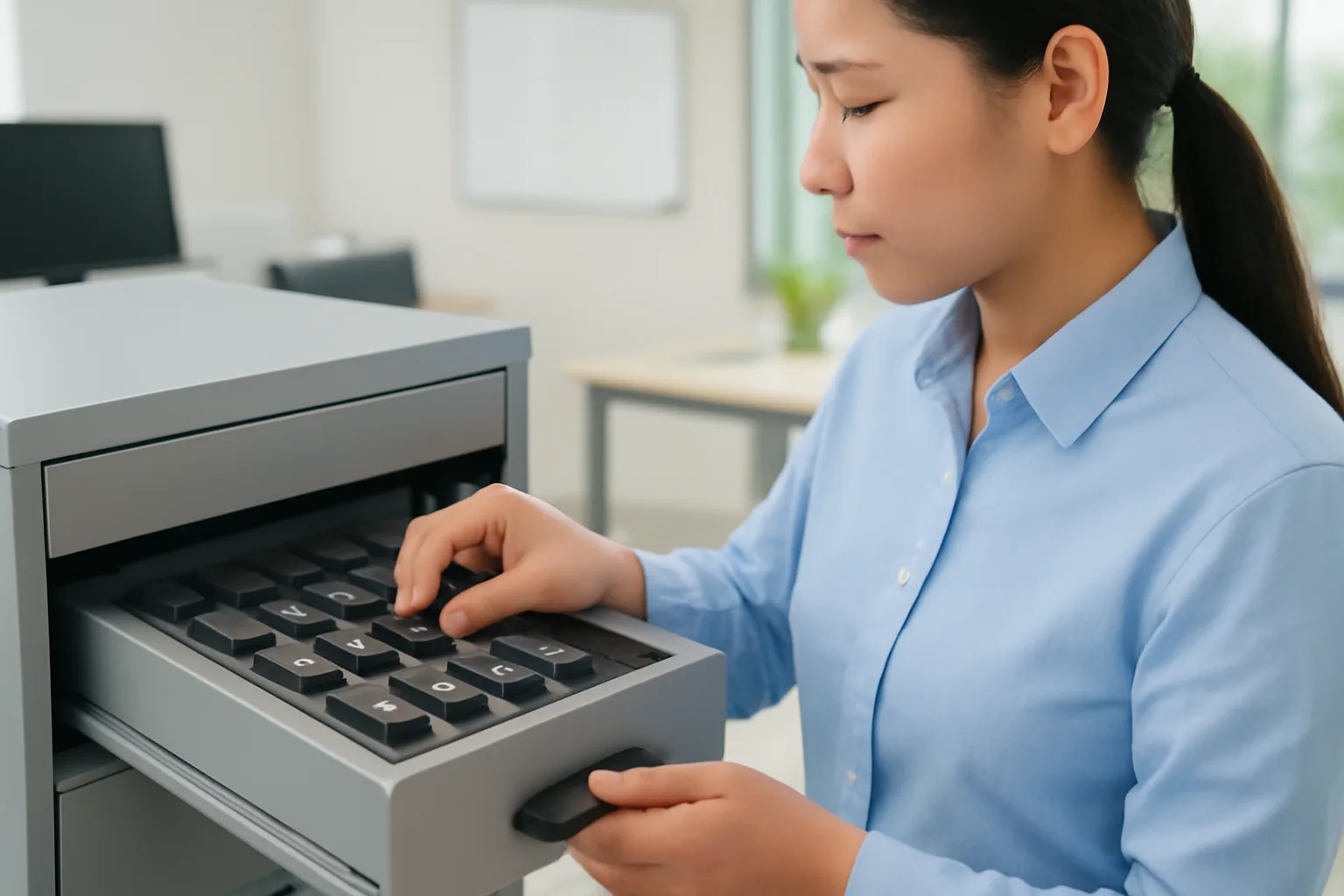 Tủ kim loại có khoá chứa các thiết bị chữ ký số được dán mã khách trong văn phòng kế toán