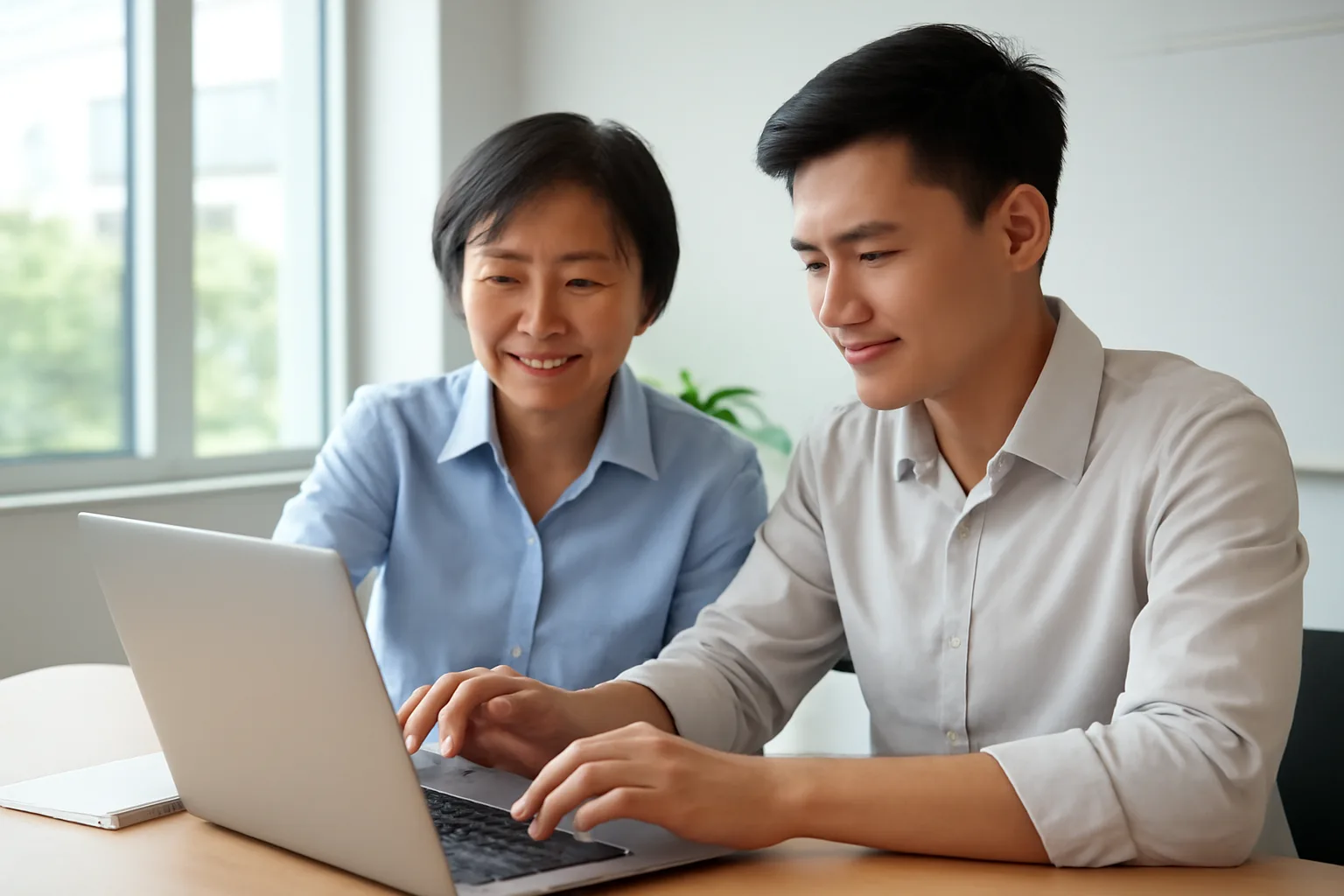 Kế toán lâu năm ngồi cạnh nhân viên mới, chỉ dẫn trên máy tính xách tay ở góc văn phòng