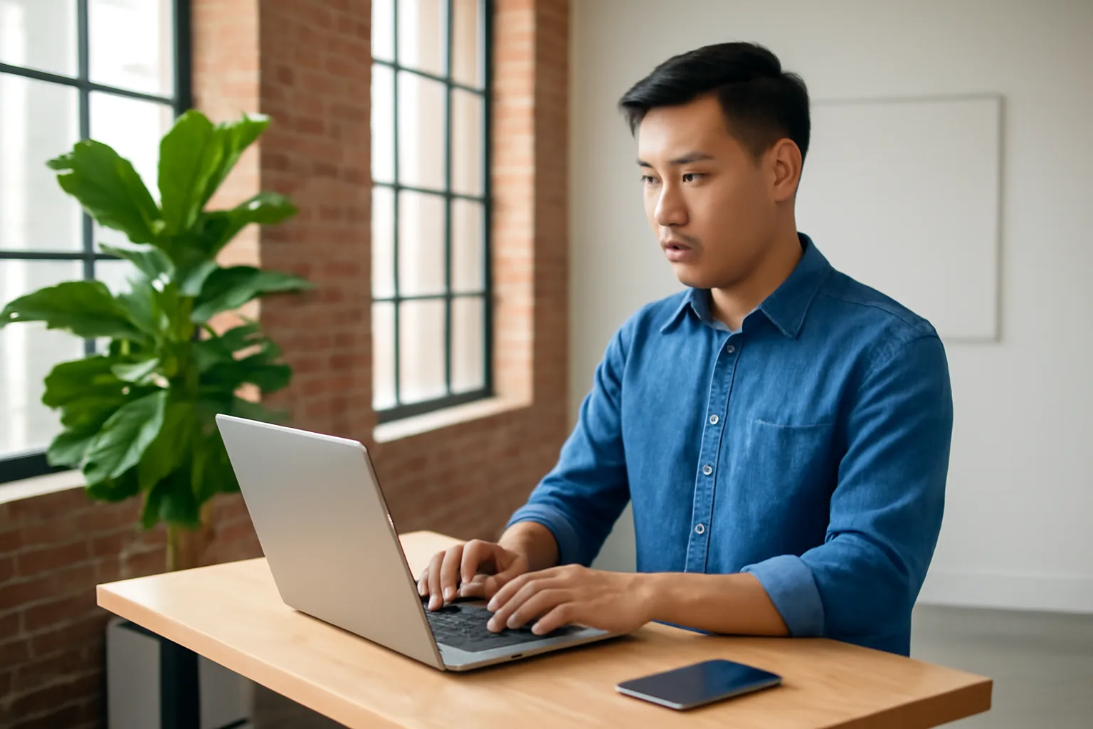 Kế toán viên sắp xếp tệp chứng từ trên máy tính xách tay tại góc làm việc có cây xanh