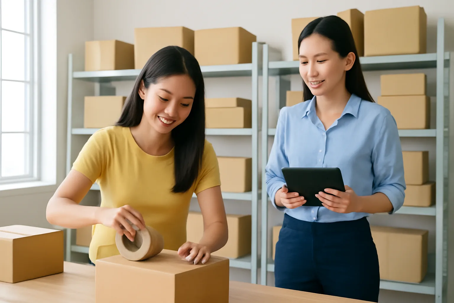 Chủ cửa hàng trực tuyến đóng gói đơn hàng trong kho nhỏ, bên cạnh là kế toán đang ghi chép