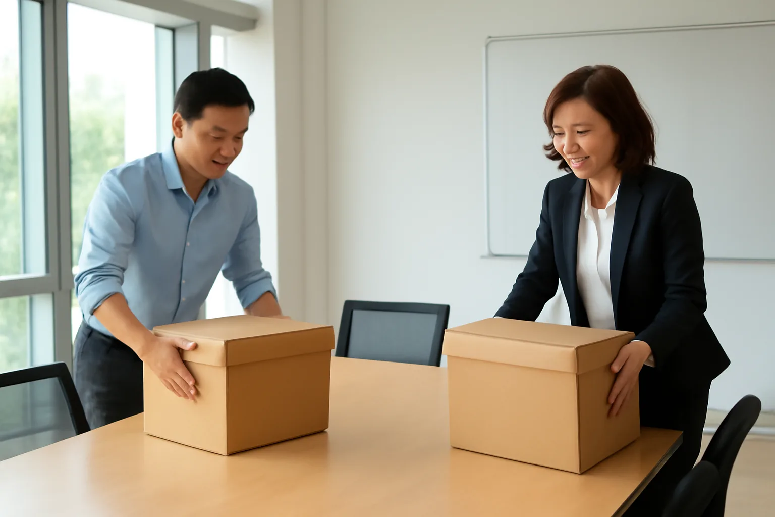 Kế toán dịch vụ và giám đốc doanh nghiệp sắp xếp các thùng hồ sơ lưu trữ trong phòng họp trước buổi làm việc
