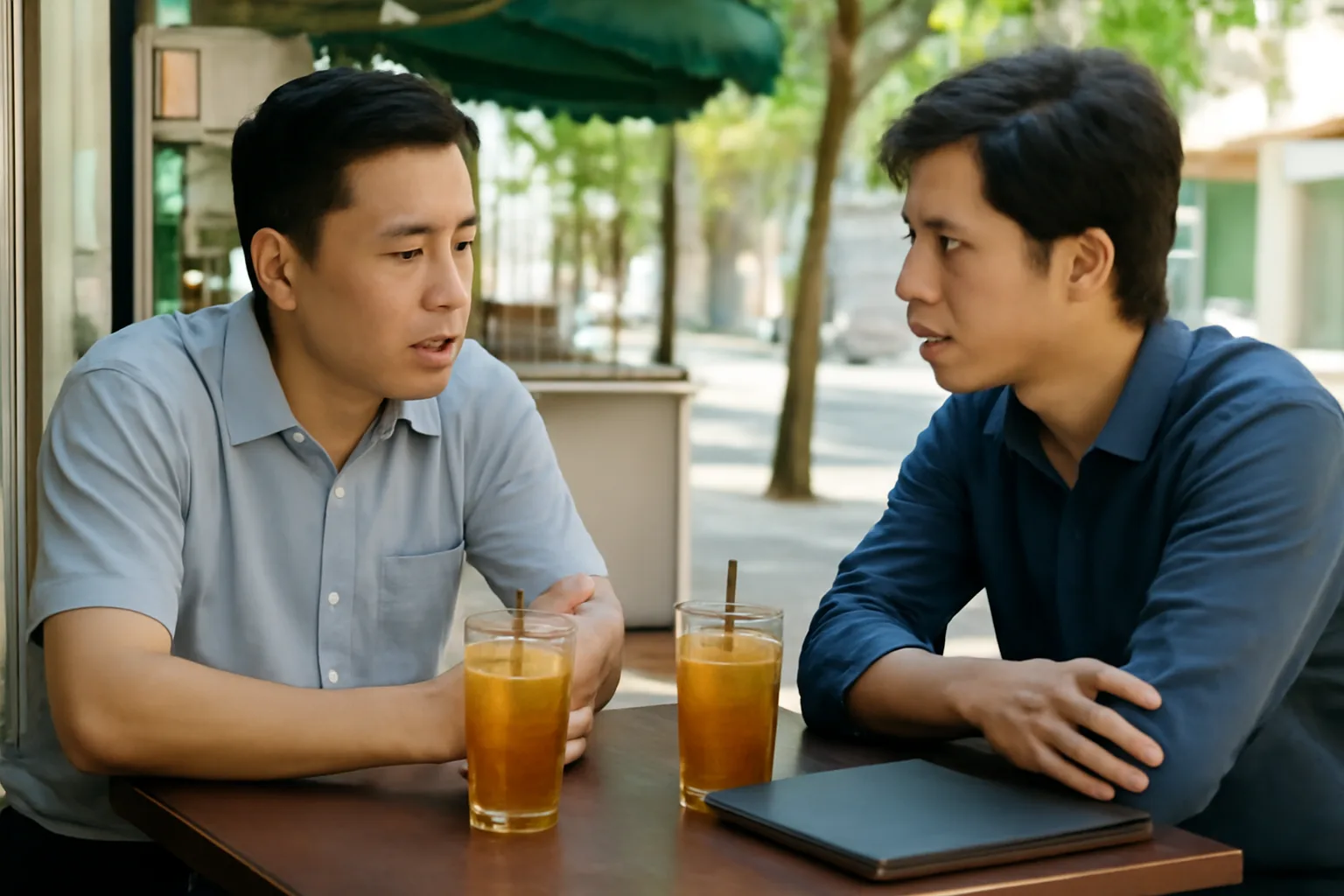 Chủ văn phòng kế toán ngồi quán nước trao đổi thẳng thắn với một khách hàng về khoản phí còn nợ