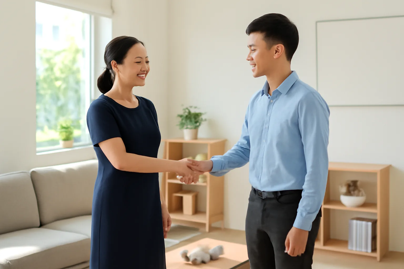 Trưởng văn phòng kế toán trò chuyện với khách hàng ở khu tiếp khách của văn phòng
