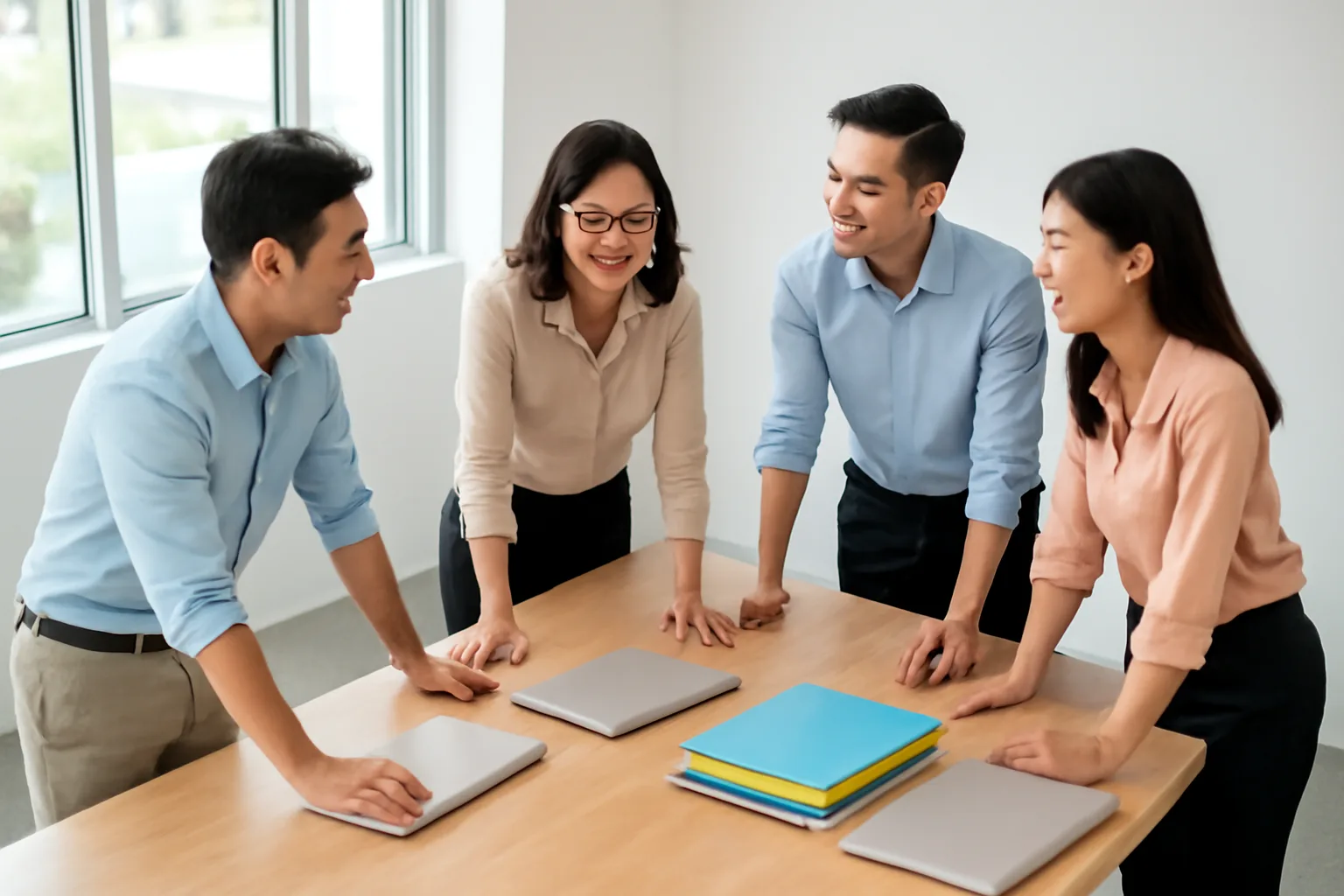 Nhóm kế toán họp đầu tuần quanh bàn dài, trên bàn là máy tính xách tay và các cặp hồ sơ