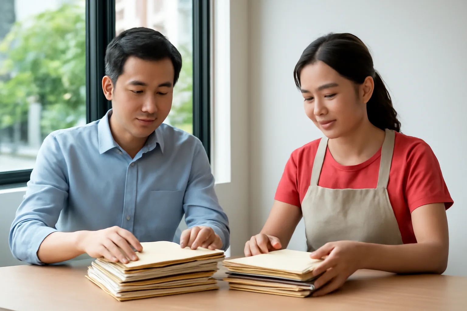 Kế toán dịch vụ và chủ doanh nghiệp cùng xem bảng phân loại công việc tồn đọng bên cửa sổ văn phòng