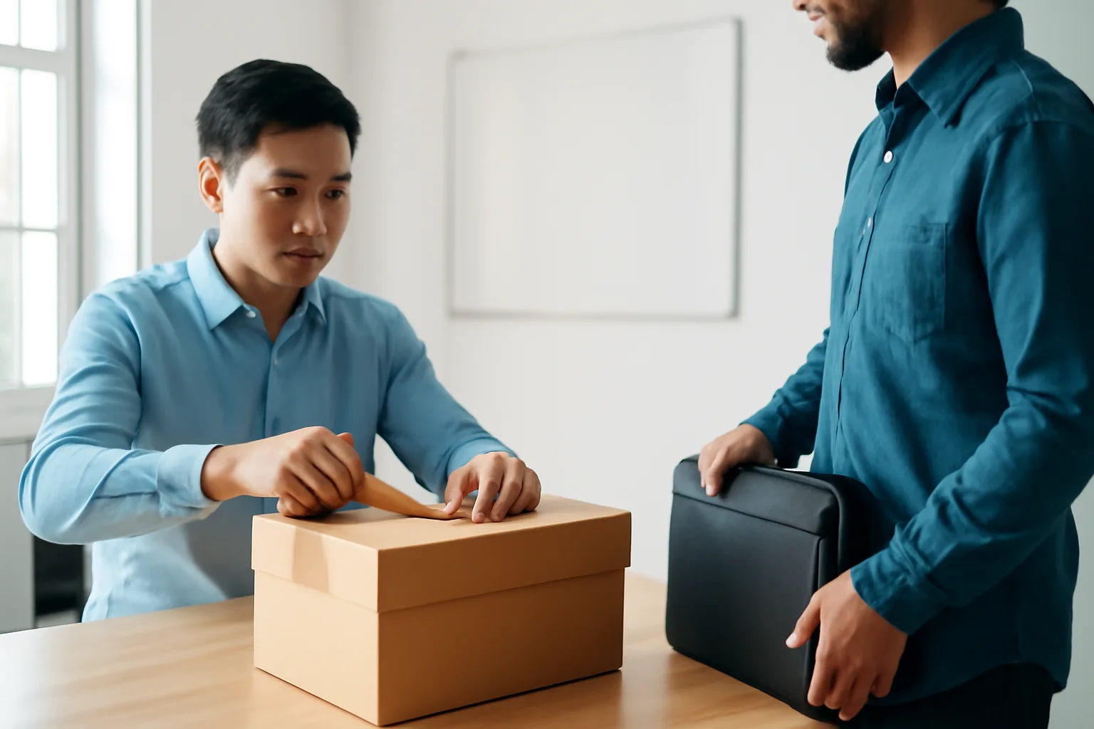 Nhân viên văn phòng kế toán dán niêm phong thùng hồ sơ trước khi bàn giao cho khách