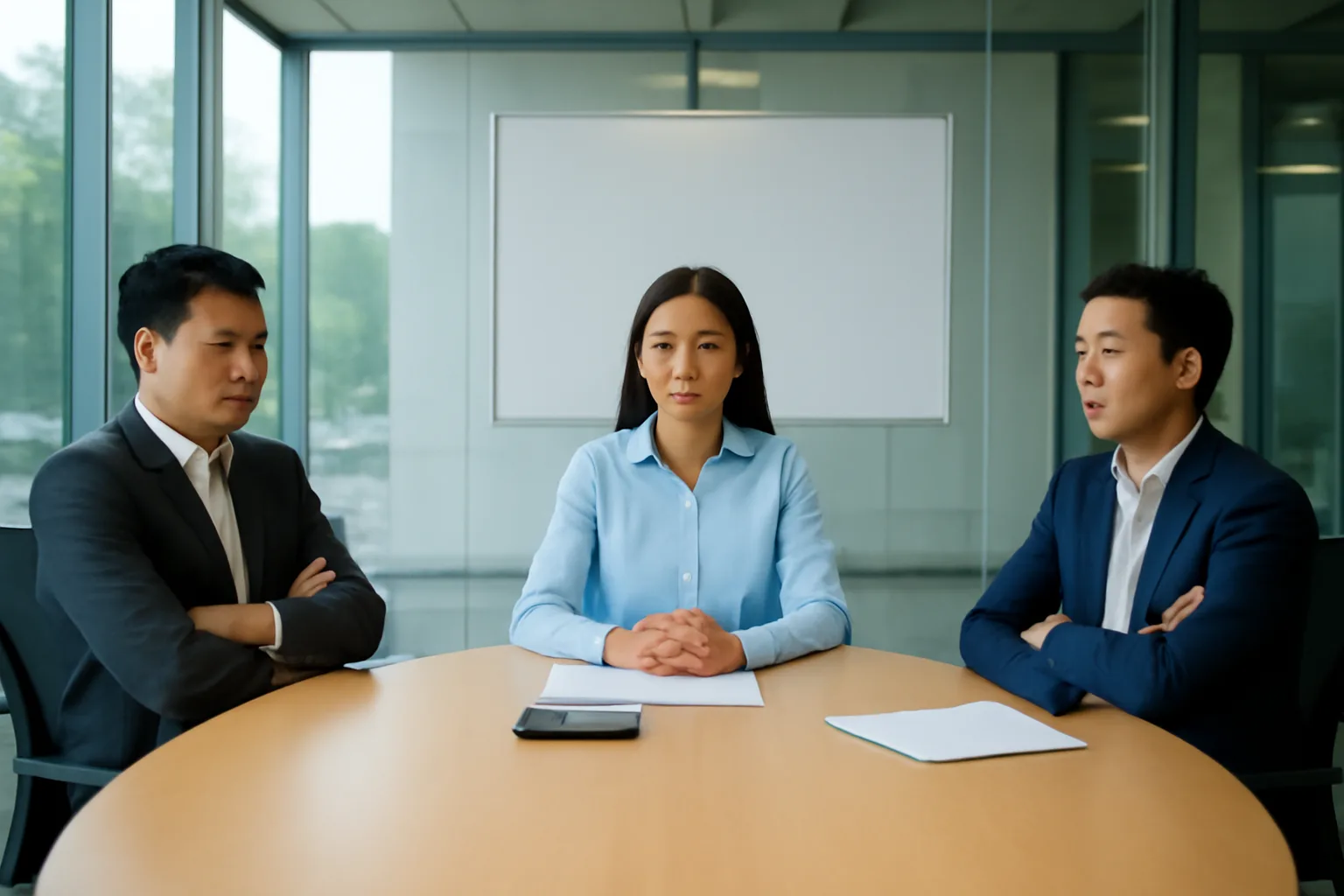 Kế toán ngồi giữa hai thành viên công ty đang bất đồng tại bàn họp