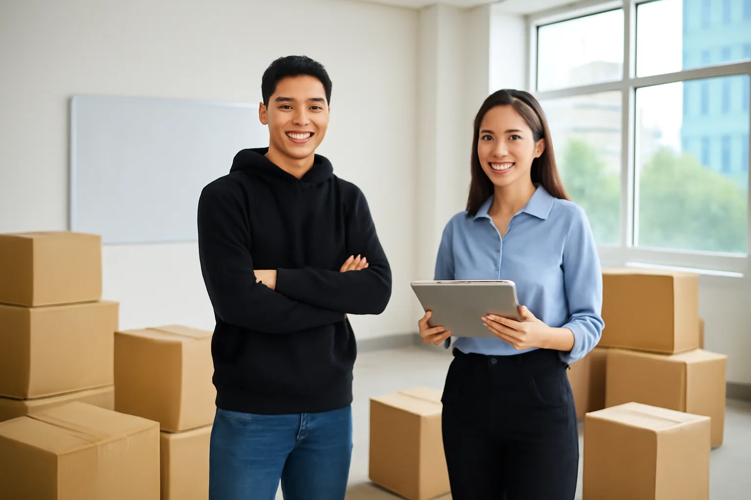 Chủ doanh nghiệp trẻ và kế toán dịch vụ trao đổi giữa văn phòng mới còn đầy thùng carton