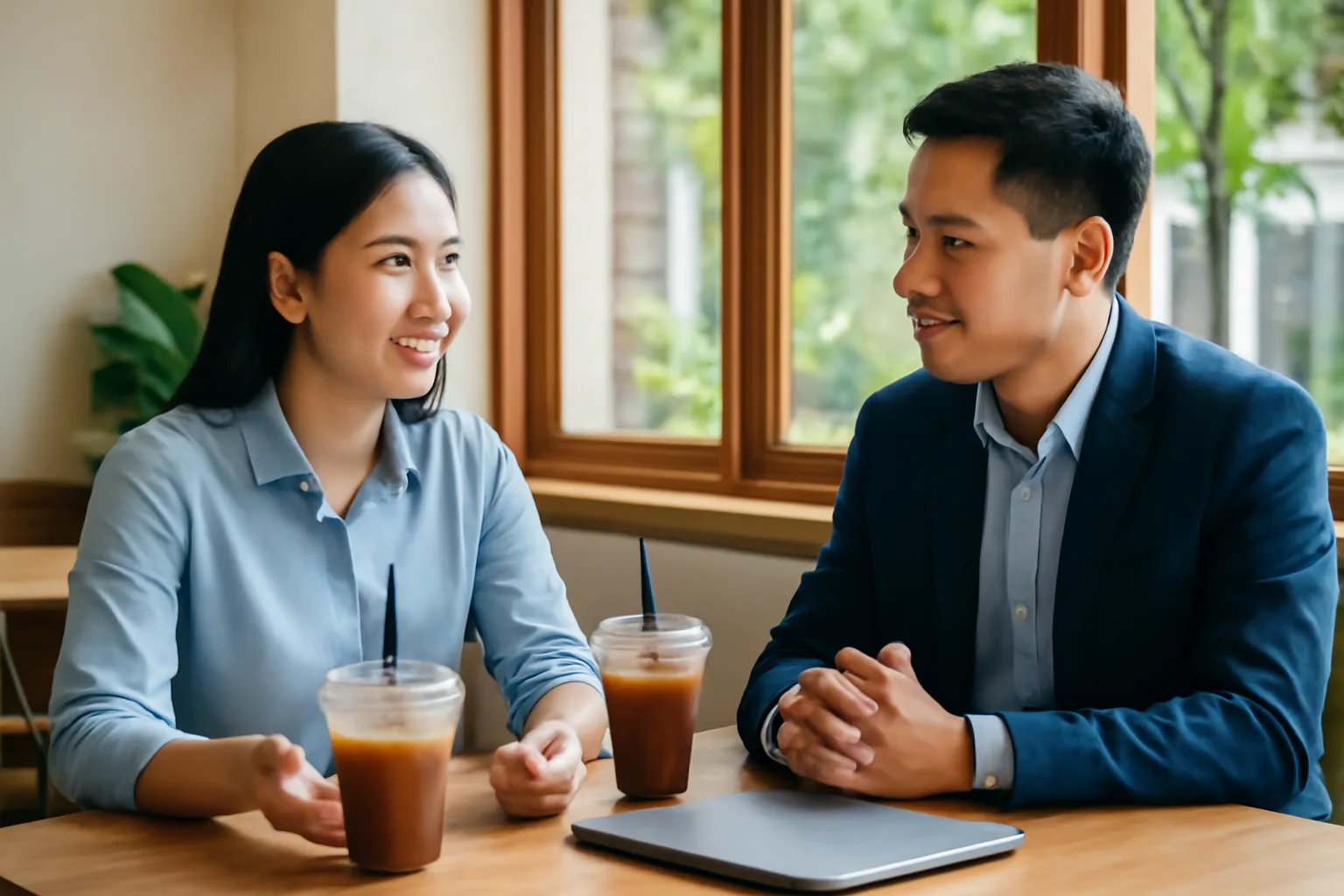 Kế toán dịch vụ trao đổi với chủ doanh nghiệp tại quán cà phê yên tĩnh gần văn phòng