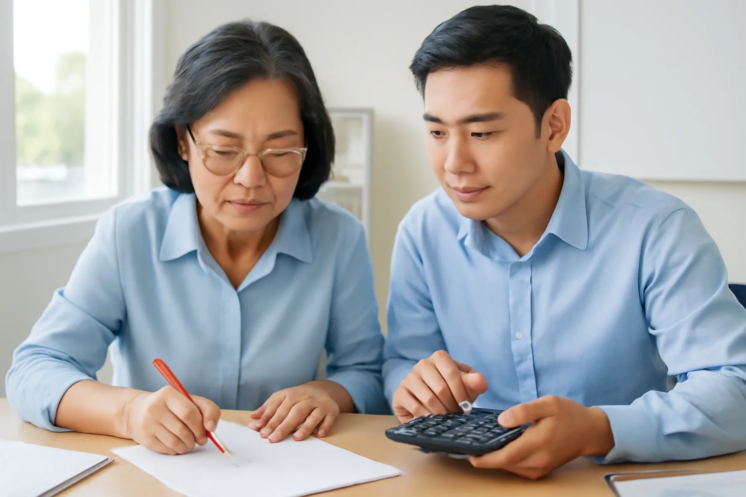 Hai kế toán ngồi cạnh nhau, một người dò từng dòng trên bản in bằng bút đỏ