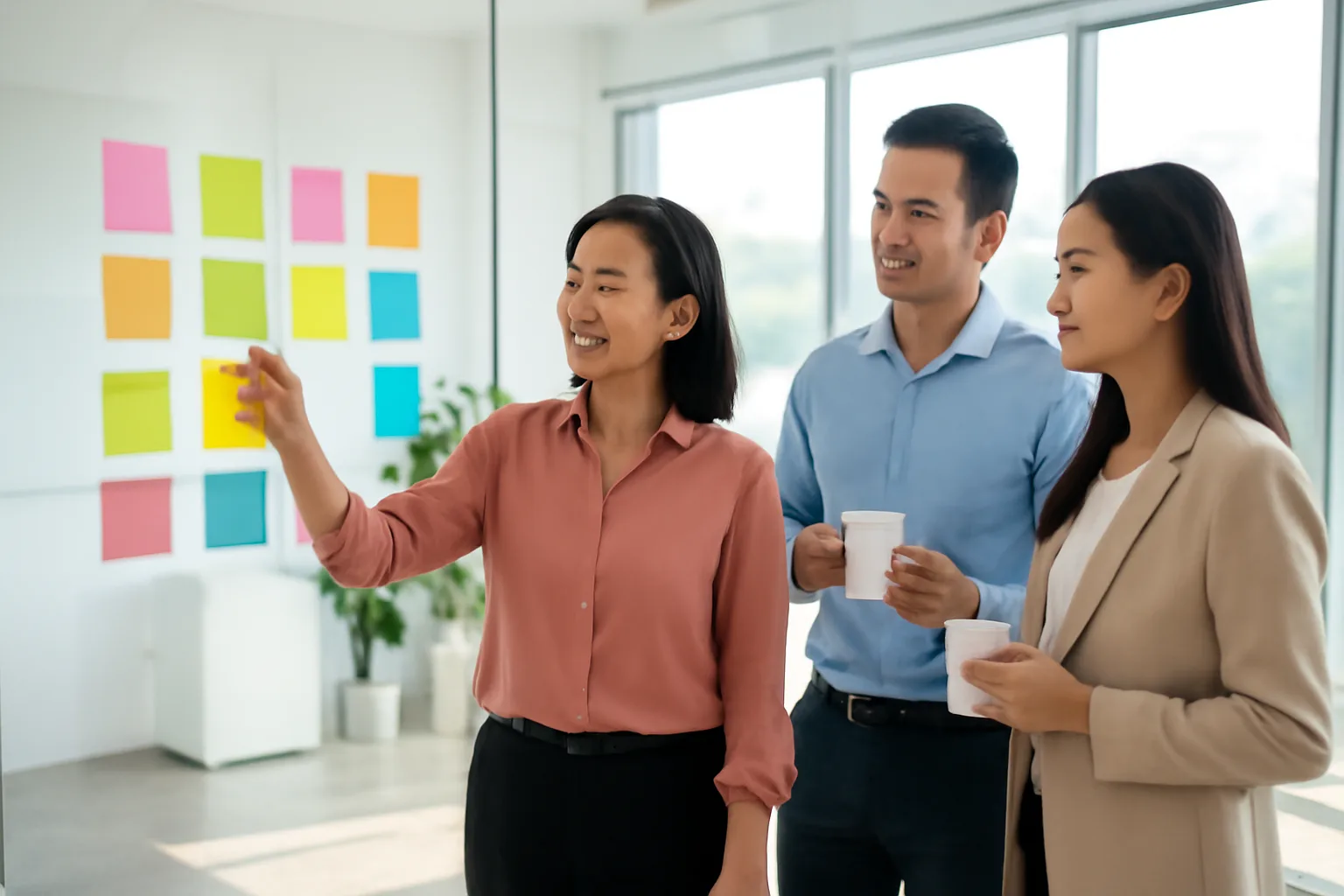 Trưởng văn phòng kế toán dán các tờ ghi chú màu trống lên bảng kính để xếp lịch công việc