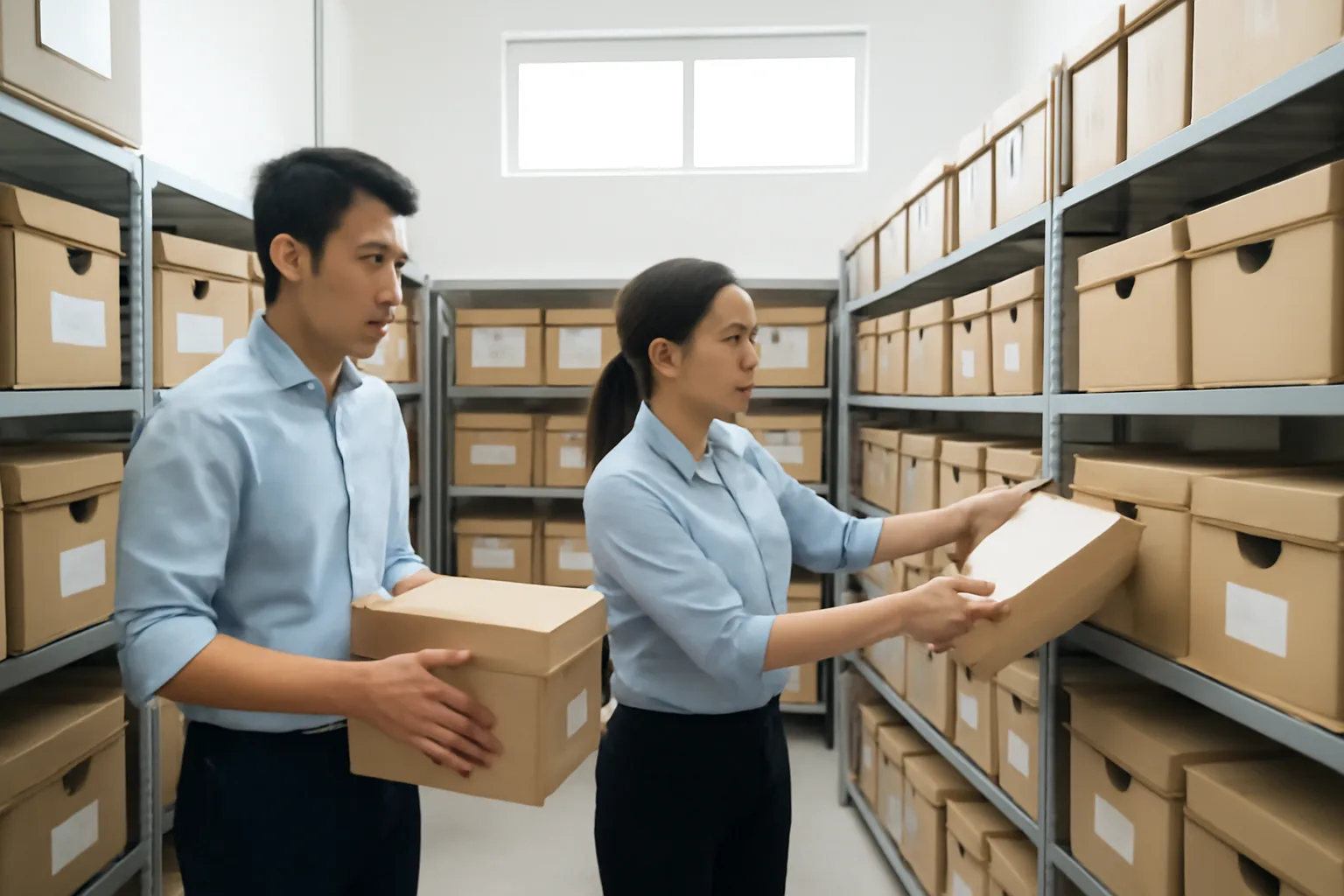 Nhóm kế toán phân loại các thùng hồ sơ cũ của khách trong phòng lưu trữ sáng sủa