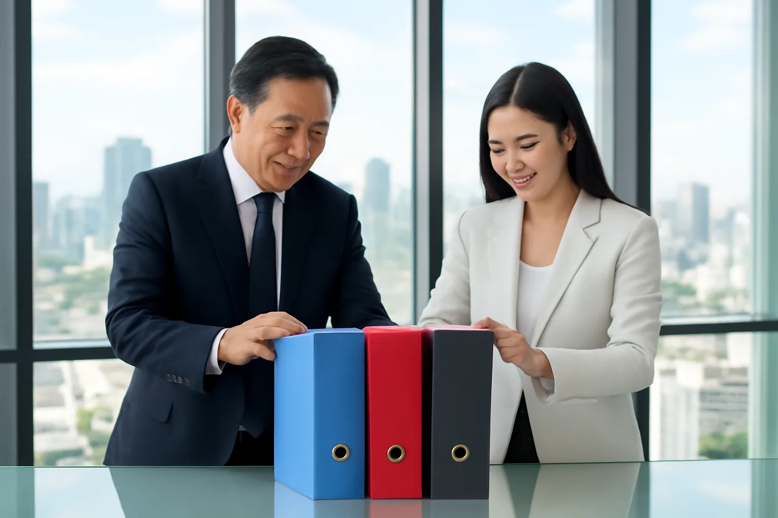 Kế toán dịch vụ trao đổi với chủ doanh nghiệp bên ba cặp hồ sơ màu khác nhau đặt cạnh nhau