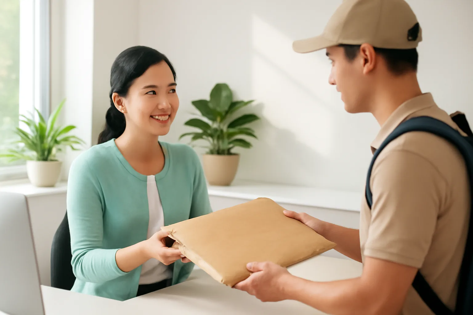 Nhân viên kế toán nhận xấp chứng từ từ người giao hàng tại quầy lễ tân văn phòng