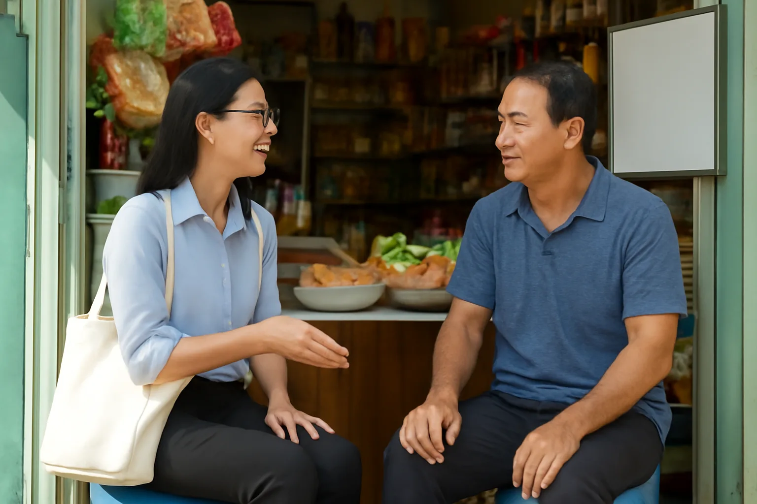 Kế toán dịch vụ ngồi cùng chủ tiệm tạp hoá bên quầy hàng để rà giấy tờ kinh doanh
