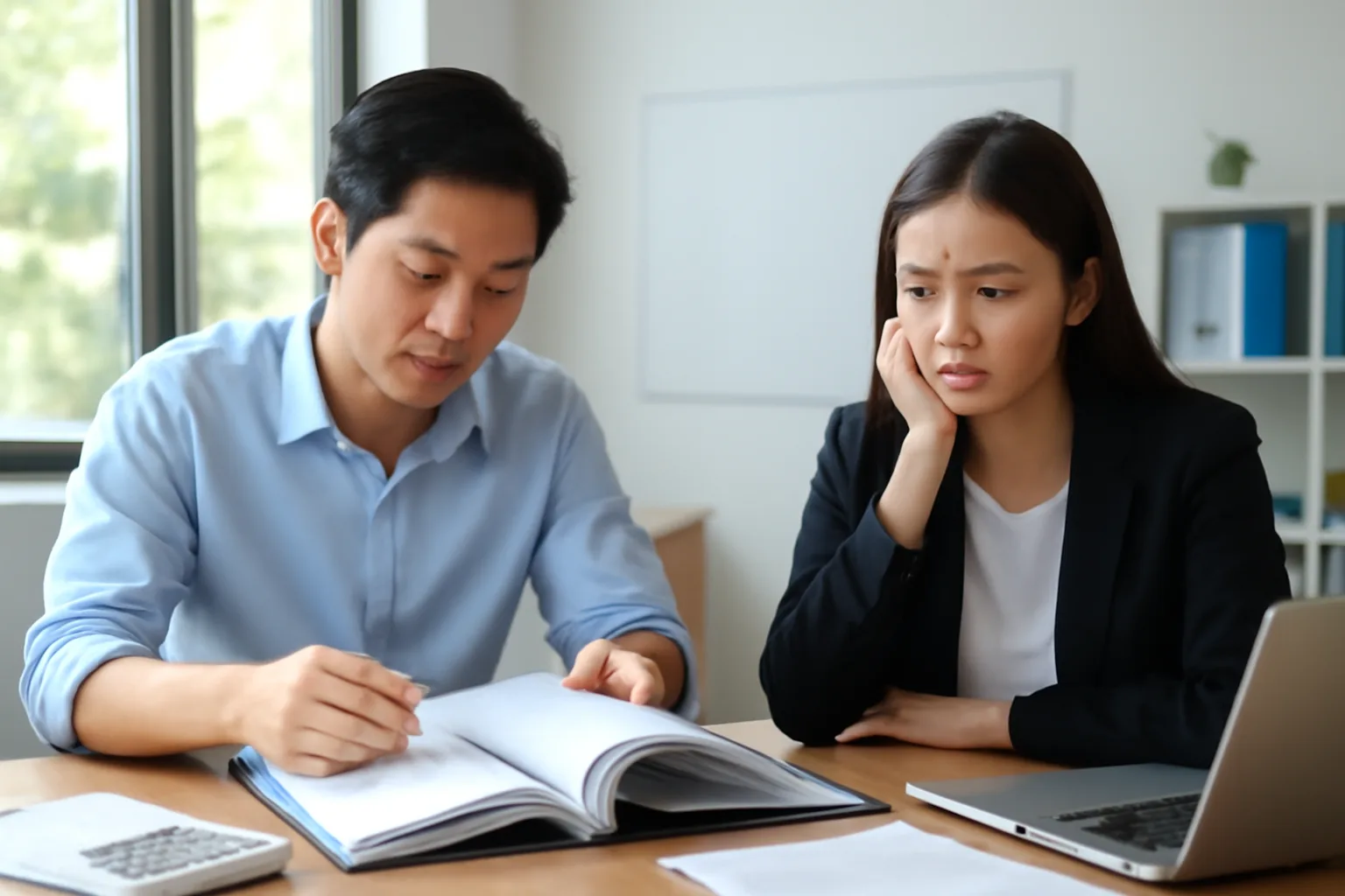Kế toán rà nhanh hồ sơ khách mới trên bàn làm việc đầy tài liệu mùa quyết toán
