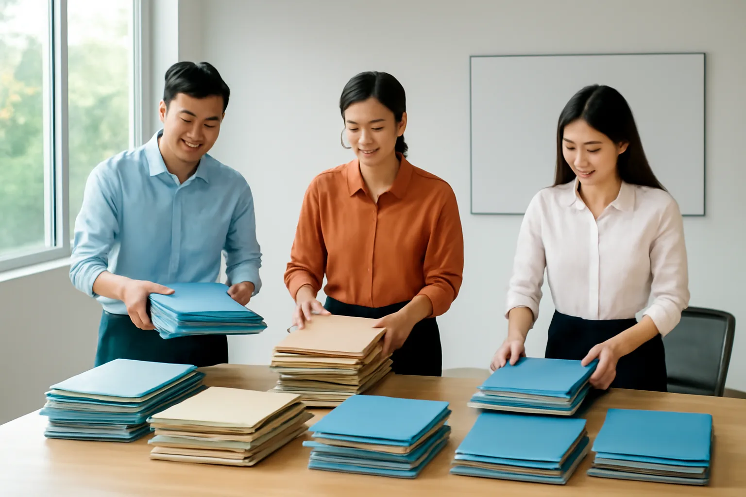 Chủ văn phòng kế toán cùng hai nhân viên chia lại hồ sơ khách trên bàn lớn