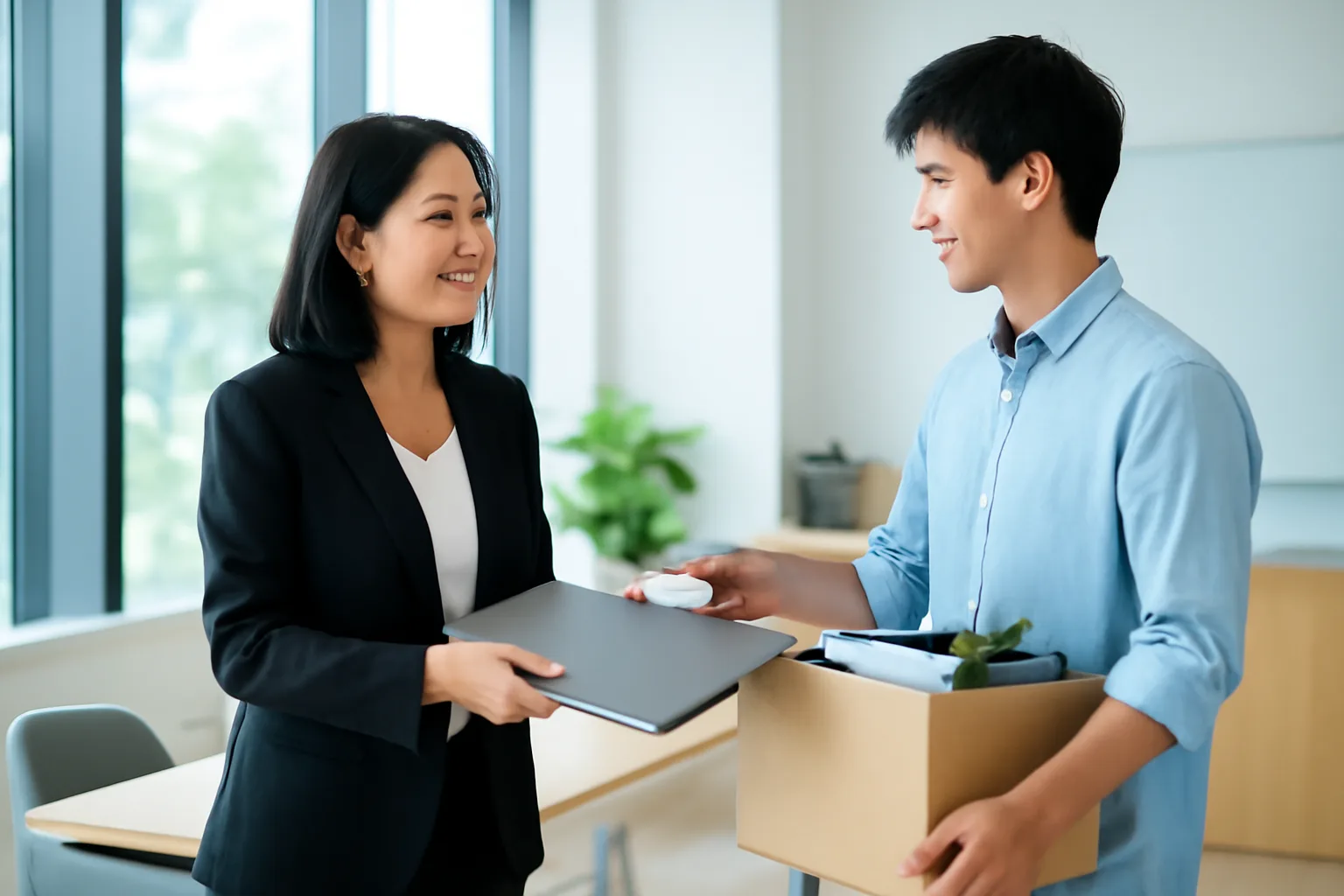 Trưởng văn phòng nhận lại máy tính xách tay và thẻ ra vào từ nhân viên nghỉ việc