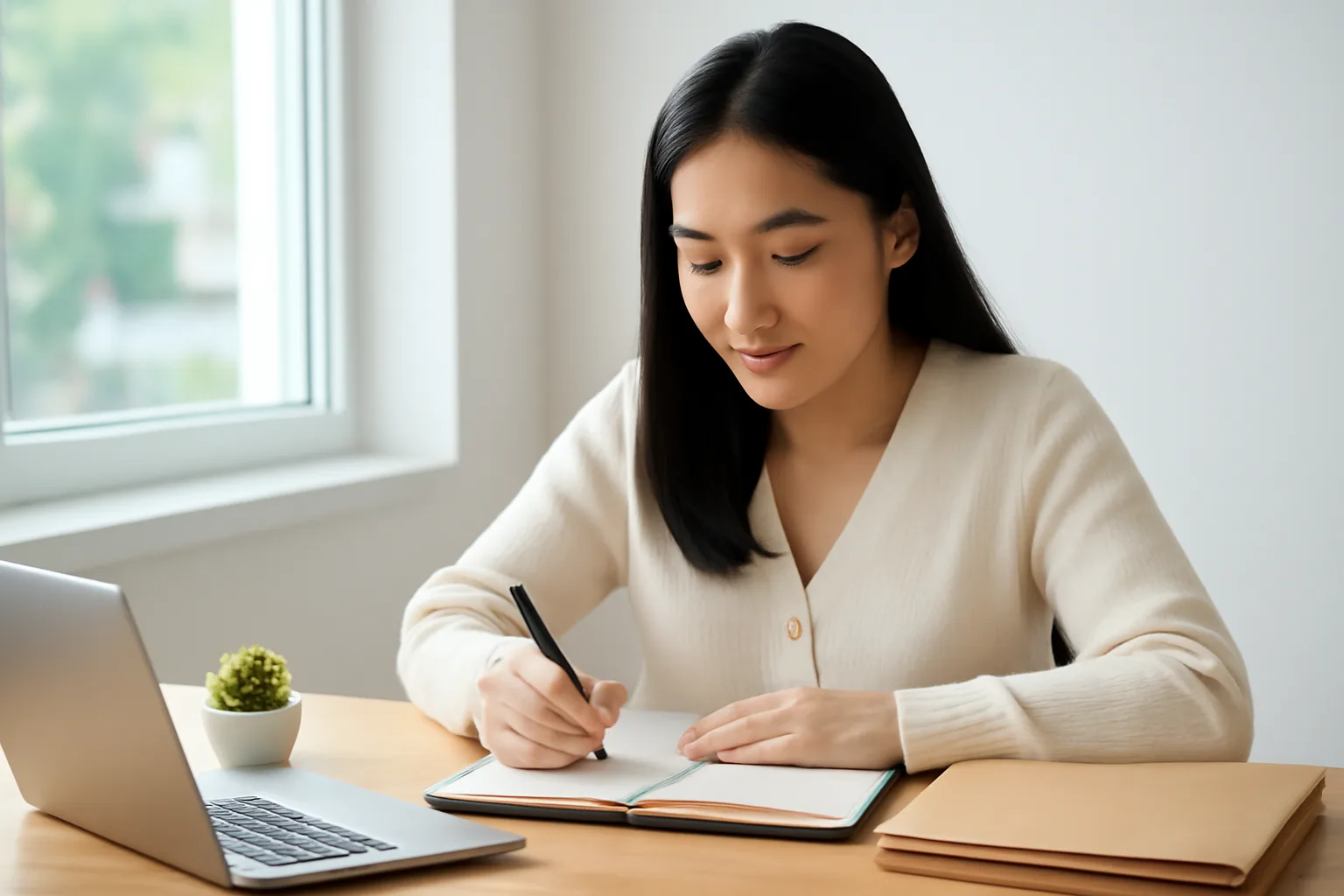Trưởng nhóm kế toán ghi chép vào sổ bìa cứng cạnh máy tính xách tay tại bàn làm việc gần cửa sổ