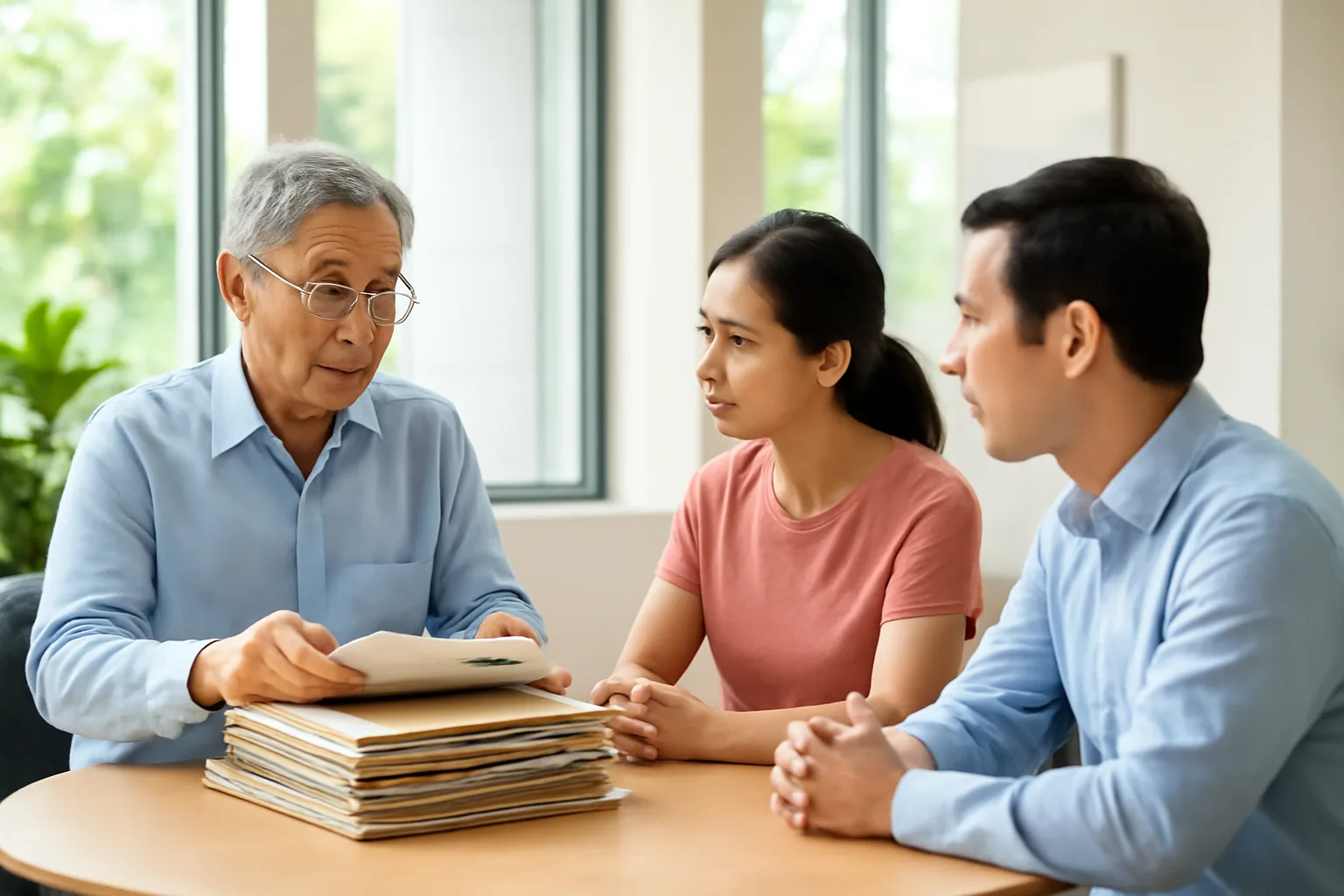 Kế toán trưởng lật xem xấp hồ sơ khách hàng mới mang đến tại bàn tiếp khách