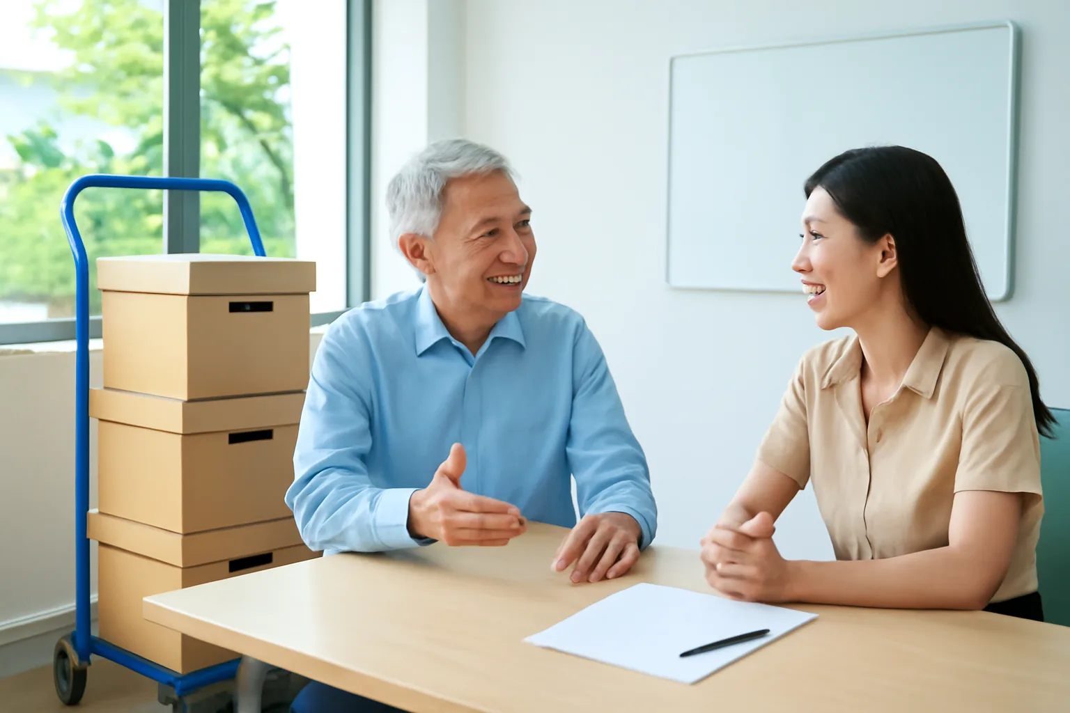 Hai chủ văn phòng kế toán trao đổi bên bàn, cạnh xe đẩy chở các thùng hồ sơ