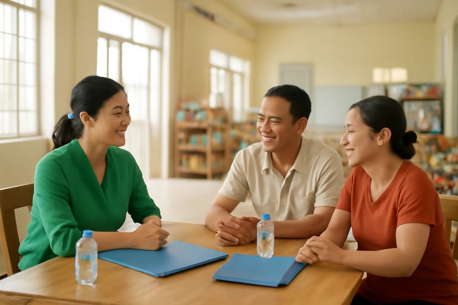 Chủ văn phòng kế toán nhỏ trò chuyện với hai chủ cửa hàng trong buổi hướng dẫn thuế tại khu dân cư
