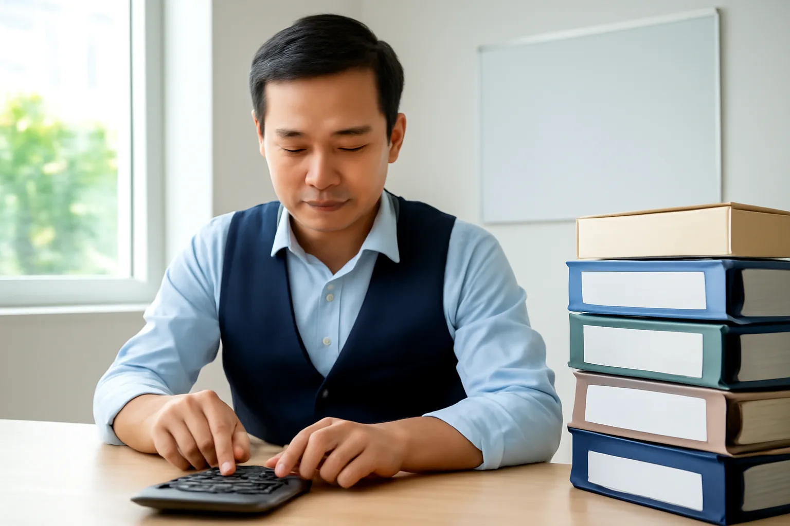 Chủ văn phòng kế toán tính toán phí dịch vụ bên bàn với máy tính bỏ túi