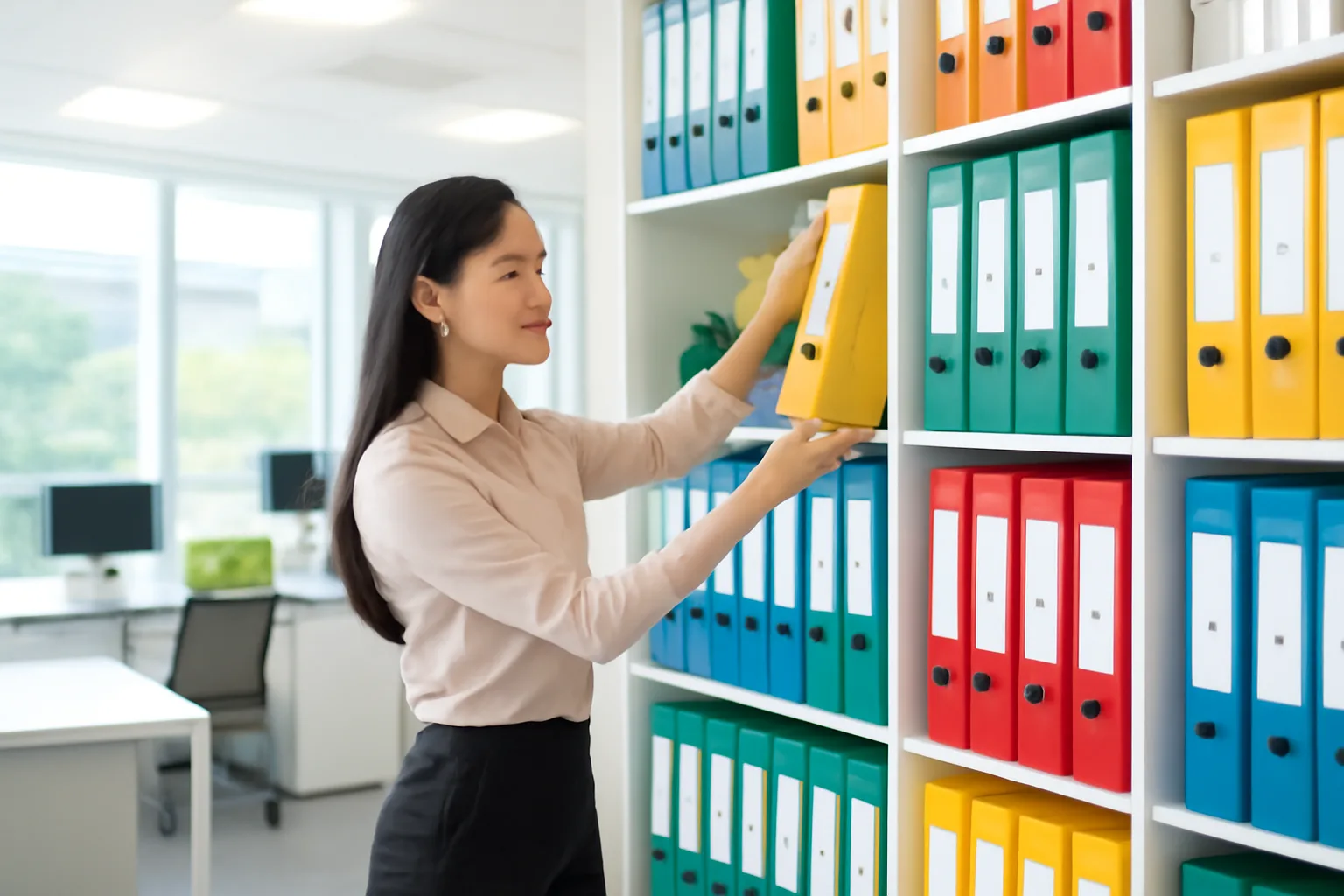 Kế toán viên sắp xếp các cặp hồ sơ màu theo từng khách hàng trên kệ văn phòng sáng sủa