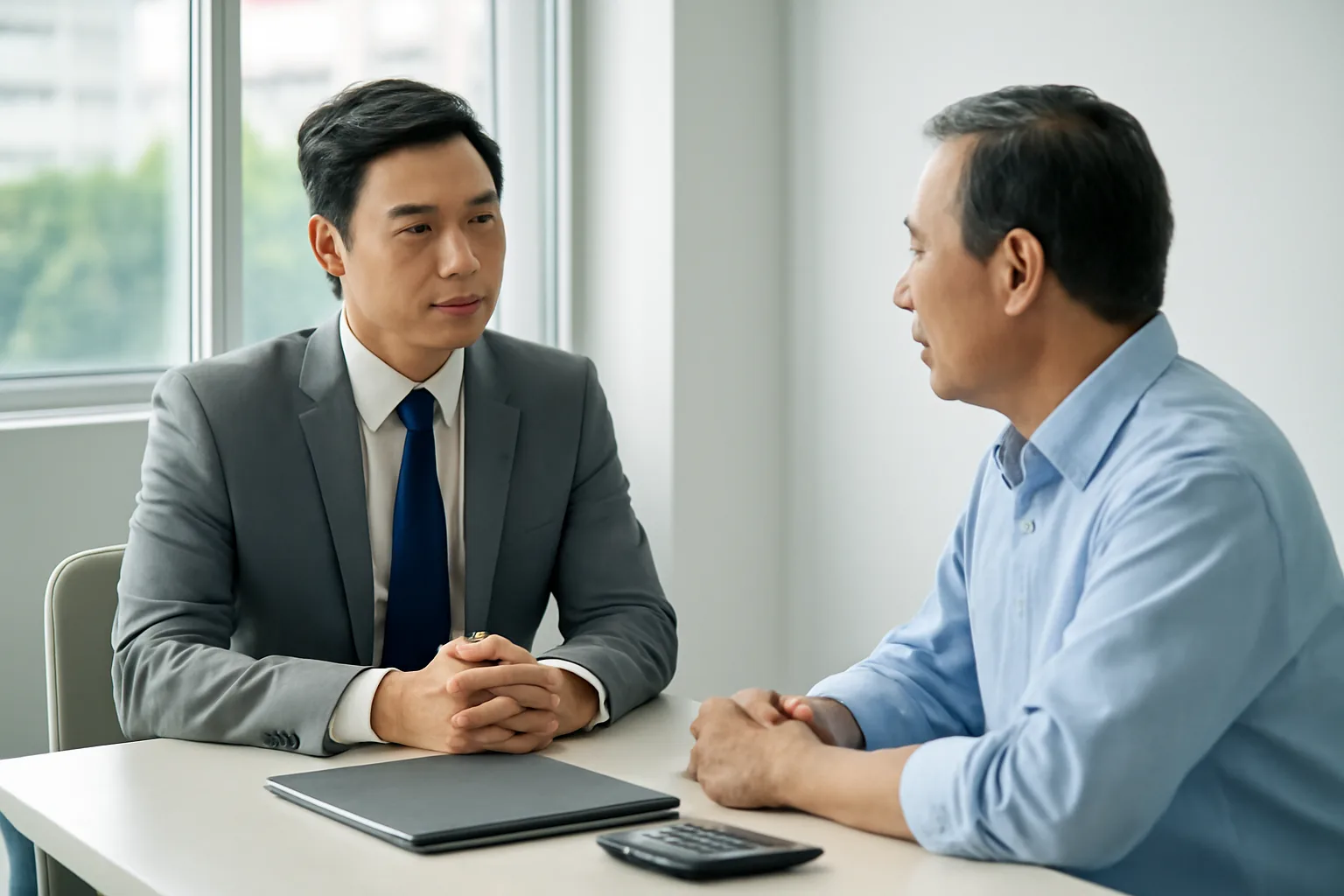 Trưởng văn phòng kế toán và khách hàng ngồi đối diện trao đổi thẳng thắn trong phòng họp nhỏ