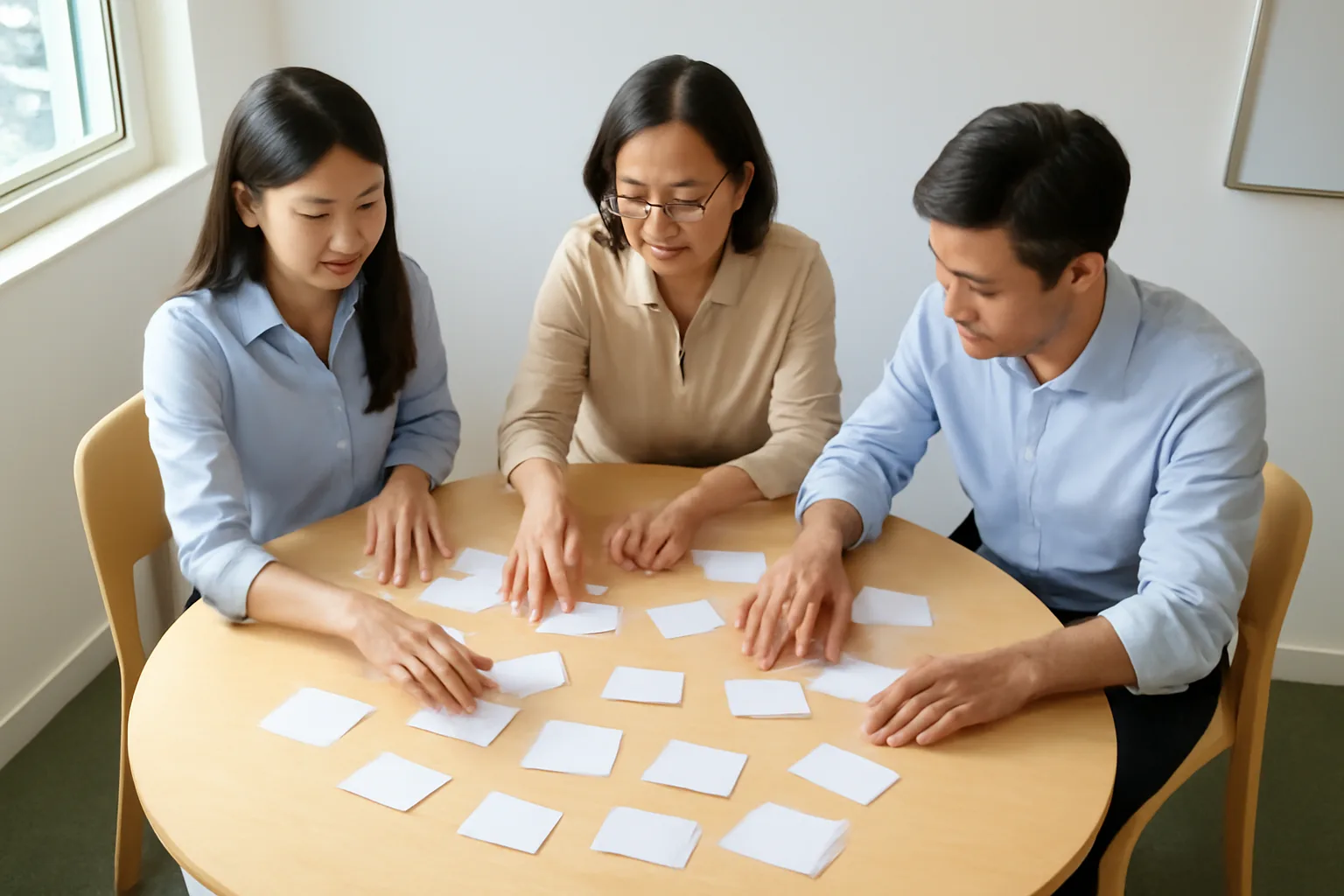 Nhóm kế toán cùng soạn bảng kiểm công việc trong buổi họp sáng ở phòng họp nhỏ