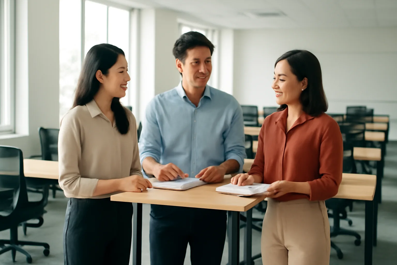 Ba trưởng nhóm kế toán họp nhanh đầu tuần quanh bàn đứng