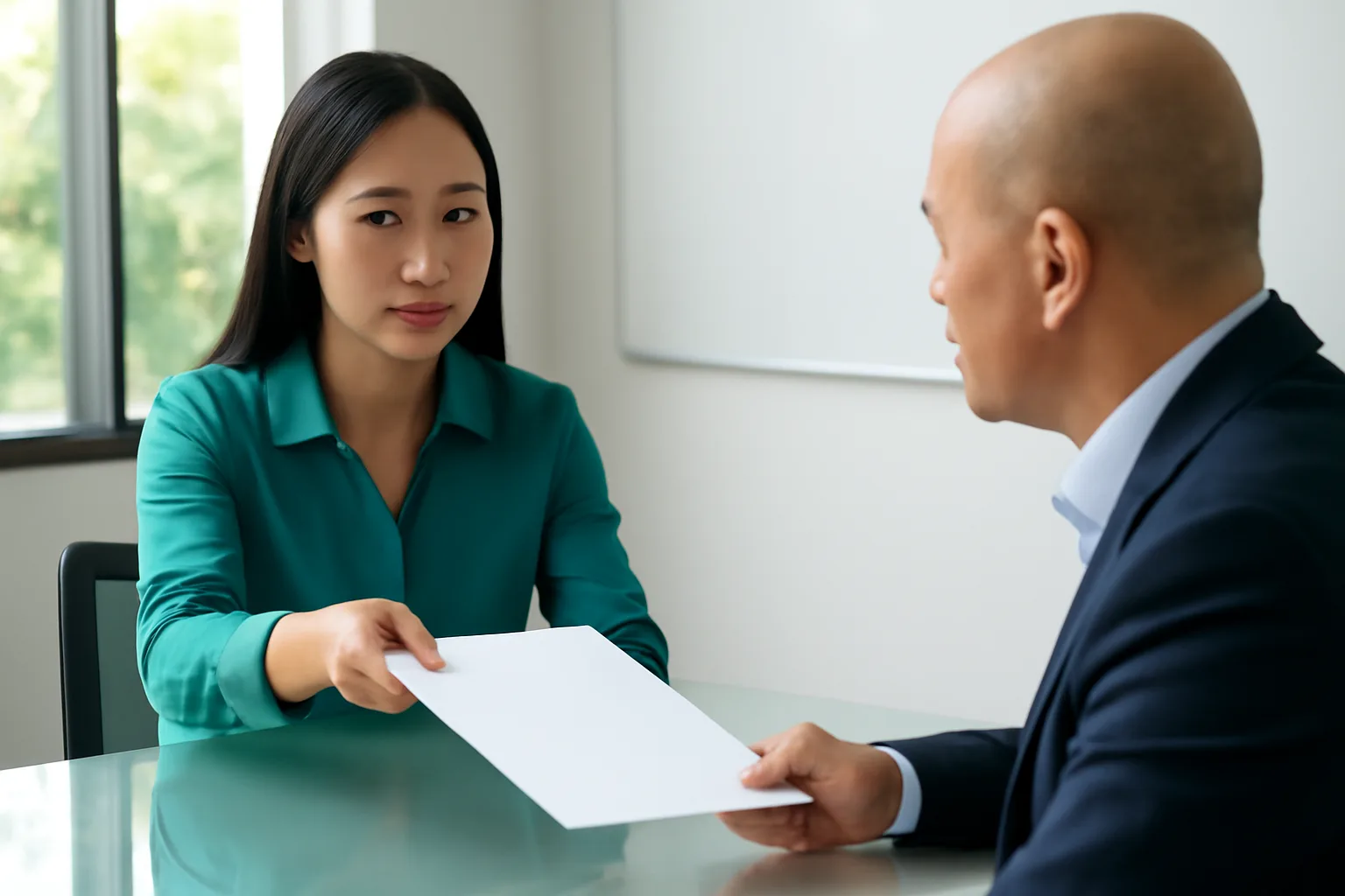Kế toán dịch vụ trình bày bản phụ lục hợp đồng cho giám đốc doanh nghiệp tại phòng họp nhỏ