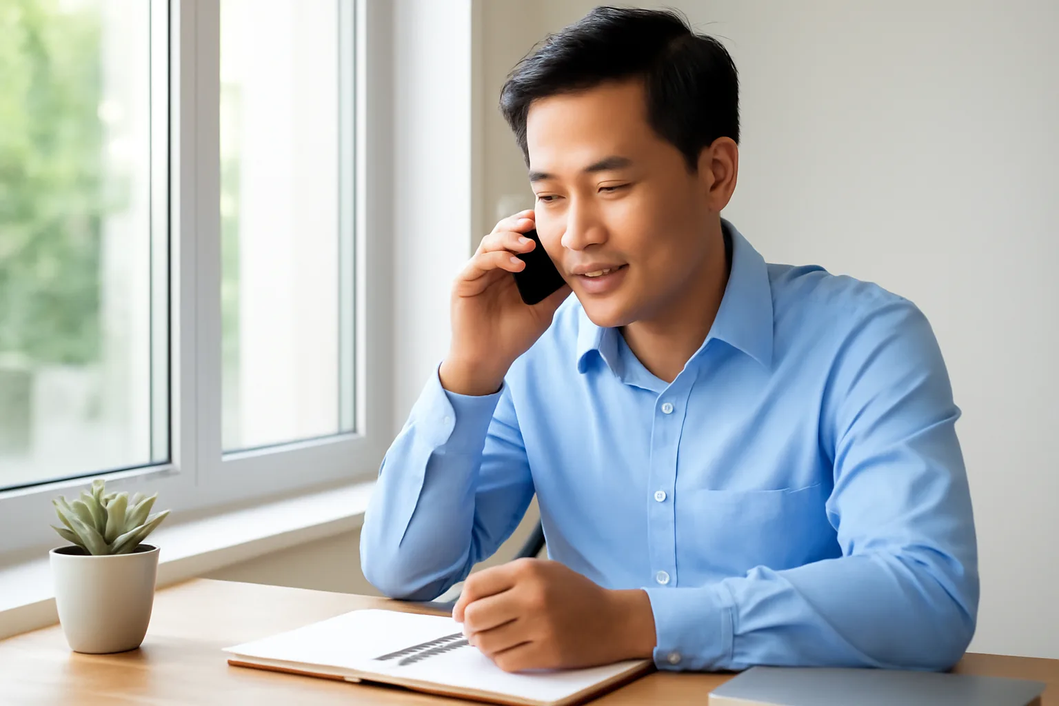 Kế toán dịch vụ nghe điện thoại của khách và ghi chú vào sổ tay trên bàn làm việc cạnh cửa sổ
